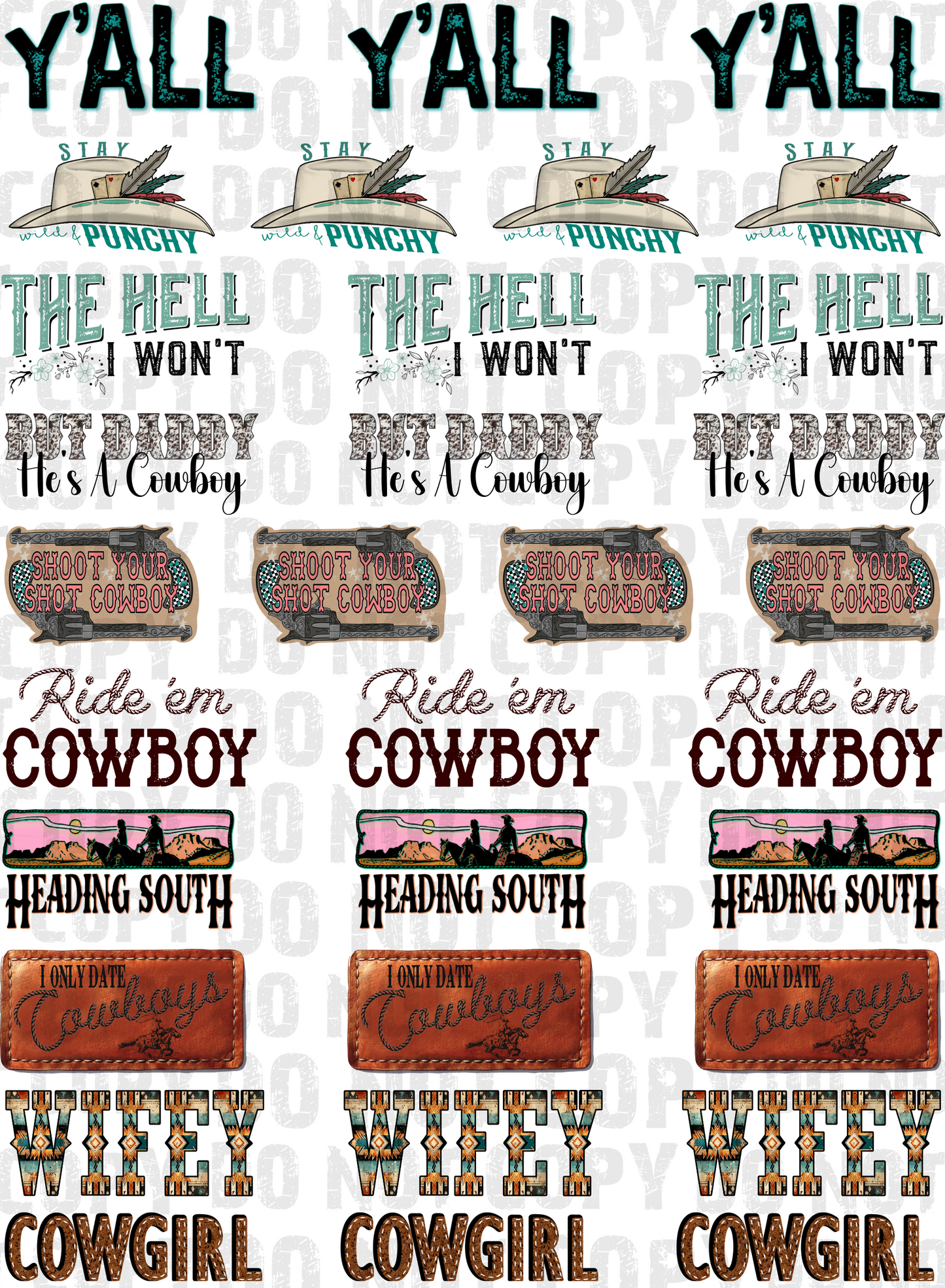 Cowboy Phrases 22x30 Gang Sheet Hat Sized